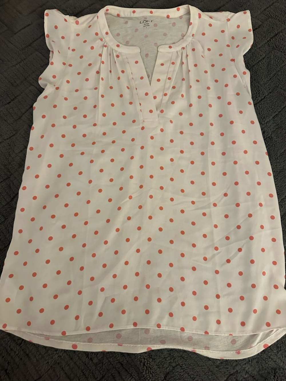 LOFT White Blouse with Coral Polka Dots